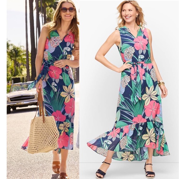 Talbots Dresses & Skirts - Talbots Womens Size 16 Voile Cotton Hibiscus Floral Maxi Dress Blue